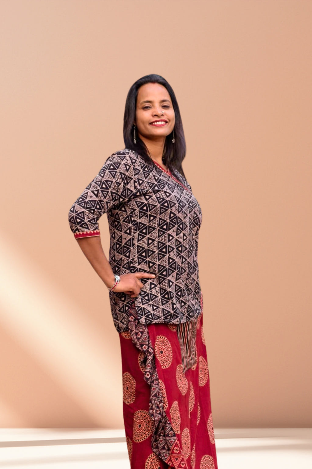 Classic Black Patterned Designer Feel Wrap Top Set