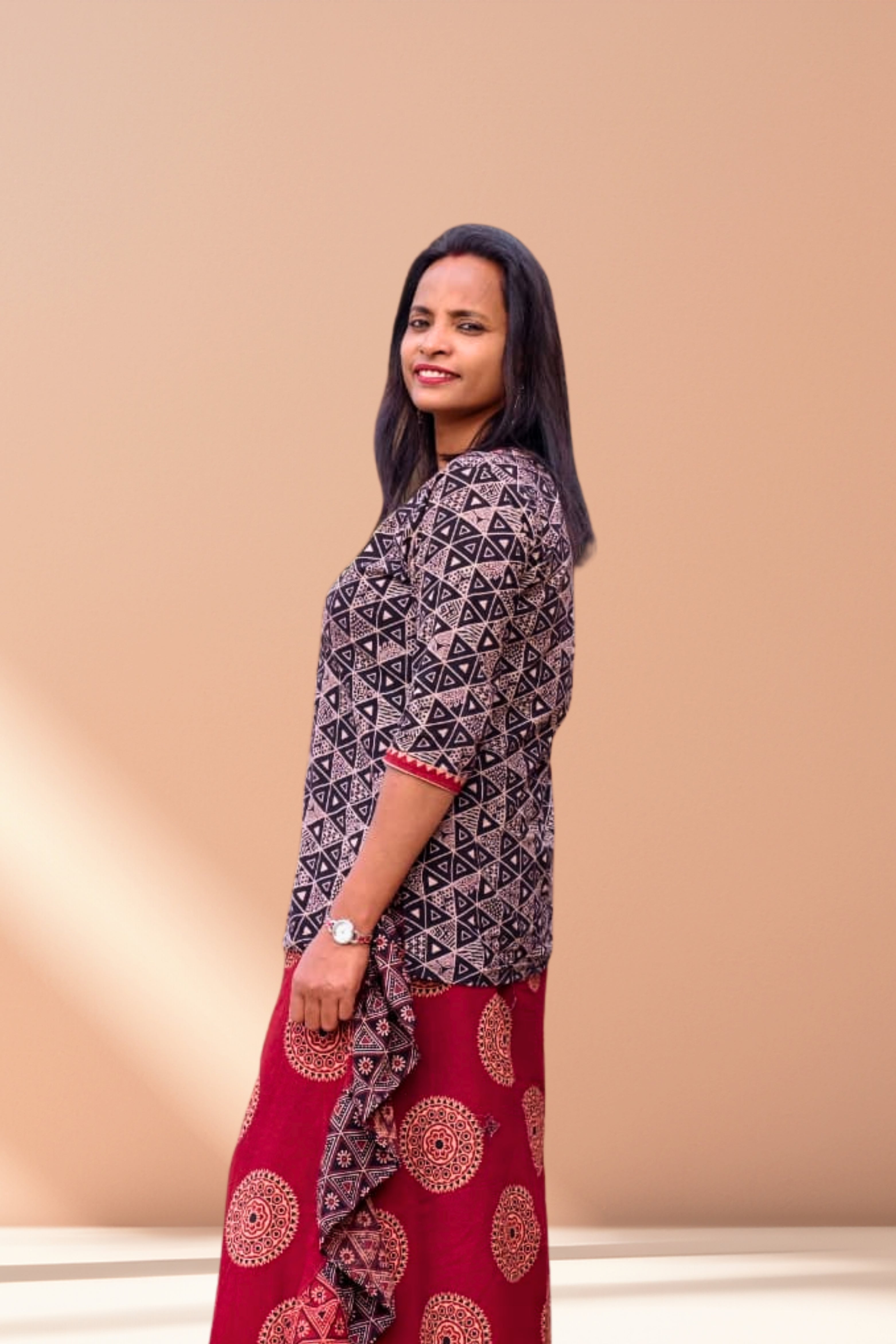 Classic Black Patterned Designer Feel Wrap Top Set