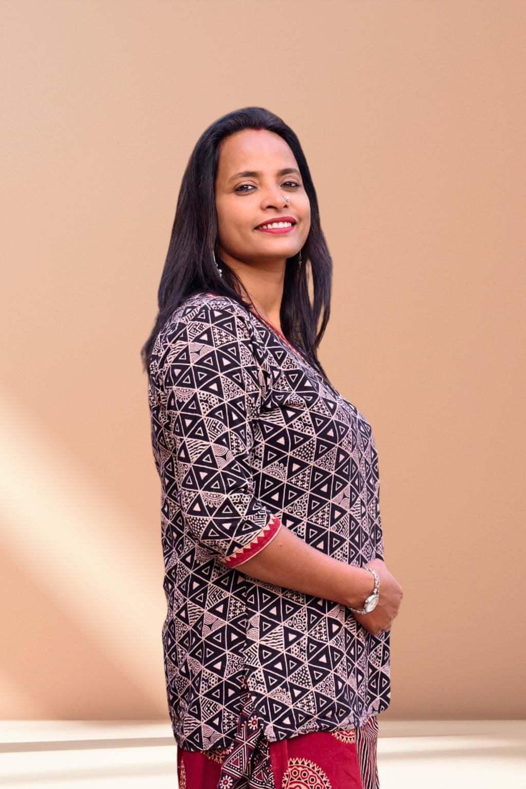 Classic Black Patterned Designer Feel Wrap Top Set