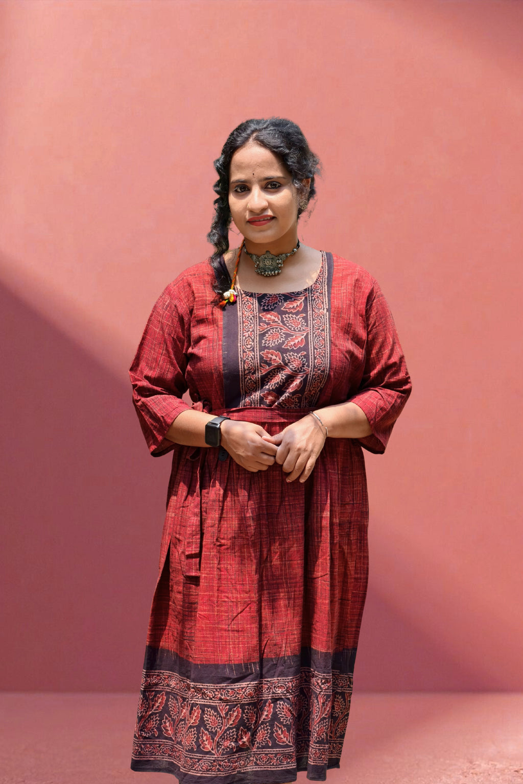 Ajrak Inspired Rust &amp; Black Ankle-Length One-Piece Dress