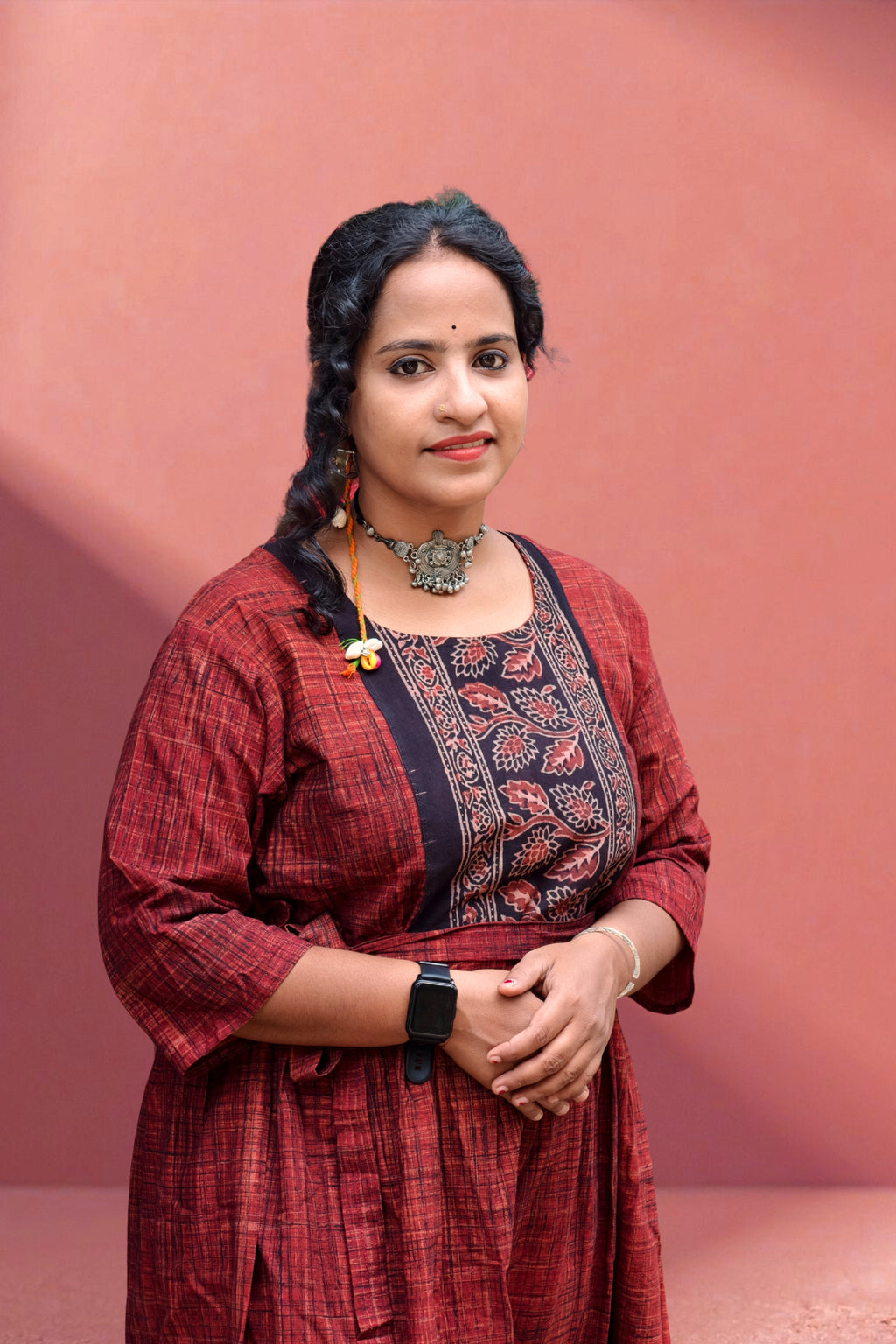 Ajrak Inspired Rust &amp; Black Ankle-Length One-Piece Dress