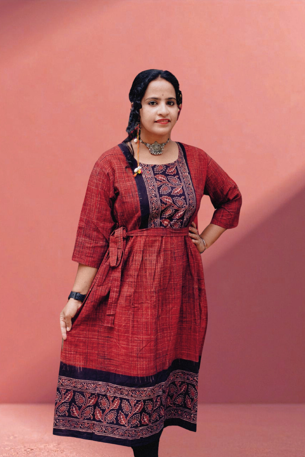 Ajrak Inspired Rust &amp; Black Ankle-Length One-Piece Dress