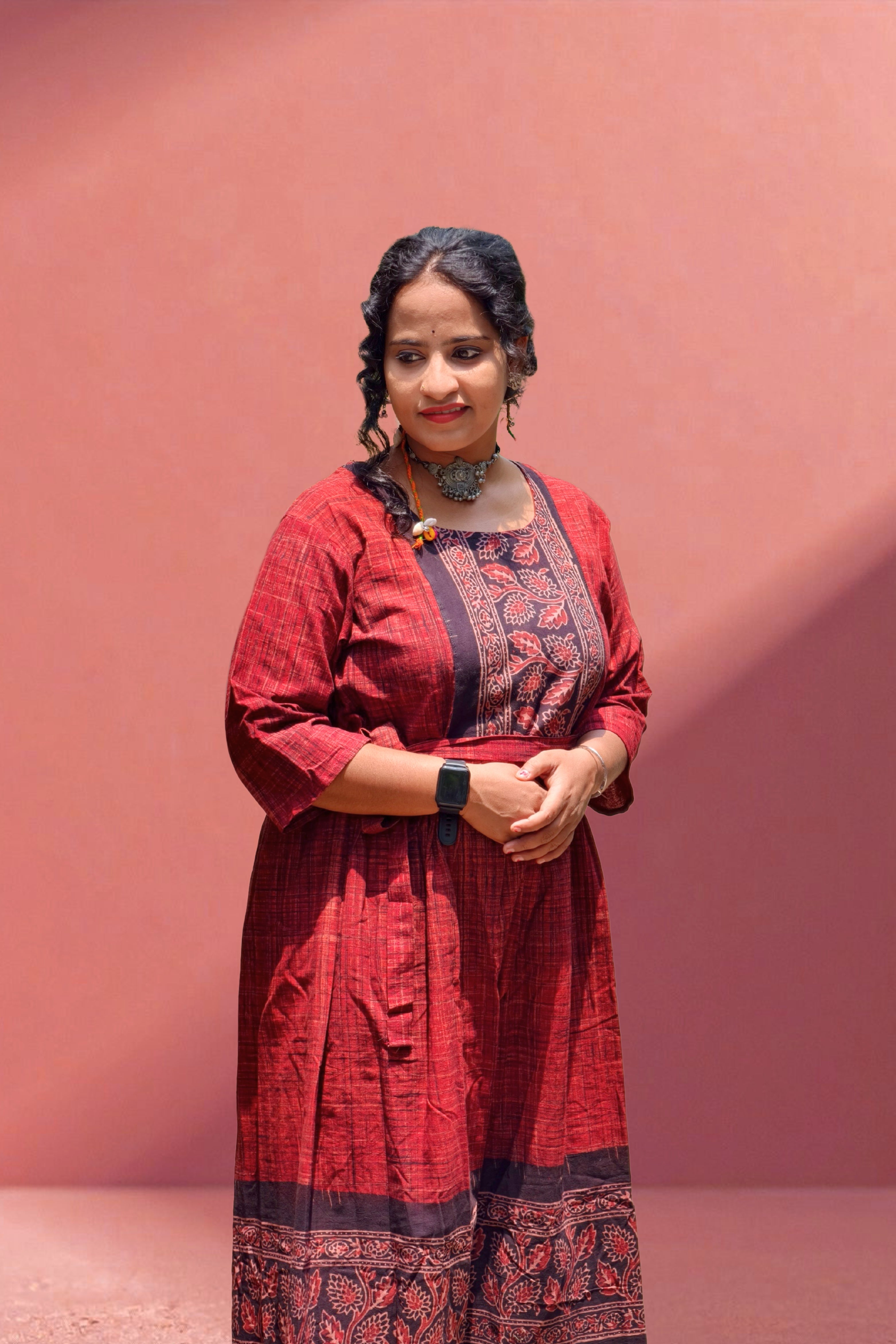 Ajrak Inspired Rust &amp; Black Ankle-Length One-Piece Dress