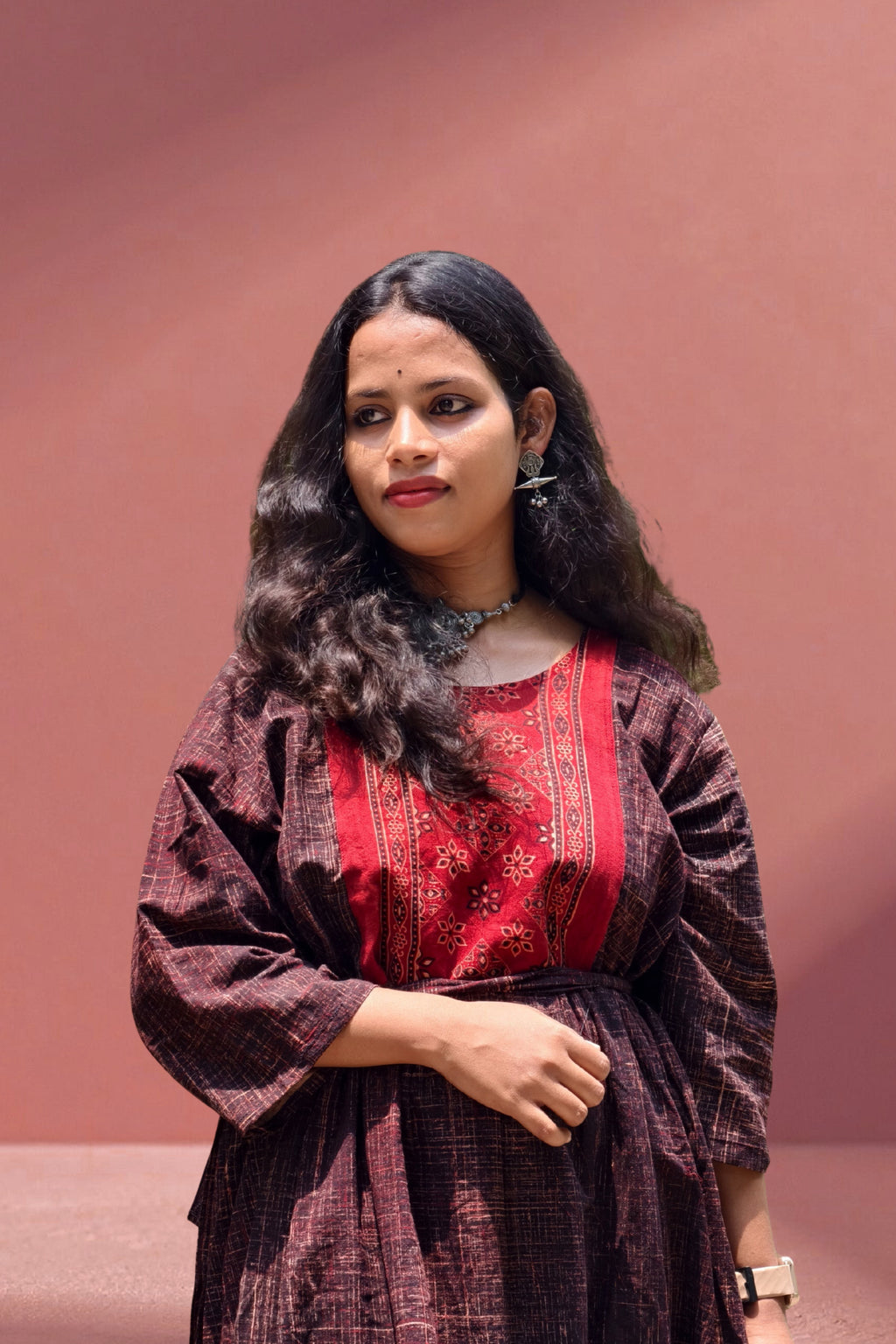 Pure Ajrakh Black & Rust Ankle-Length One-Piece Dress