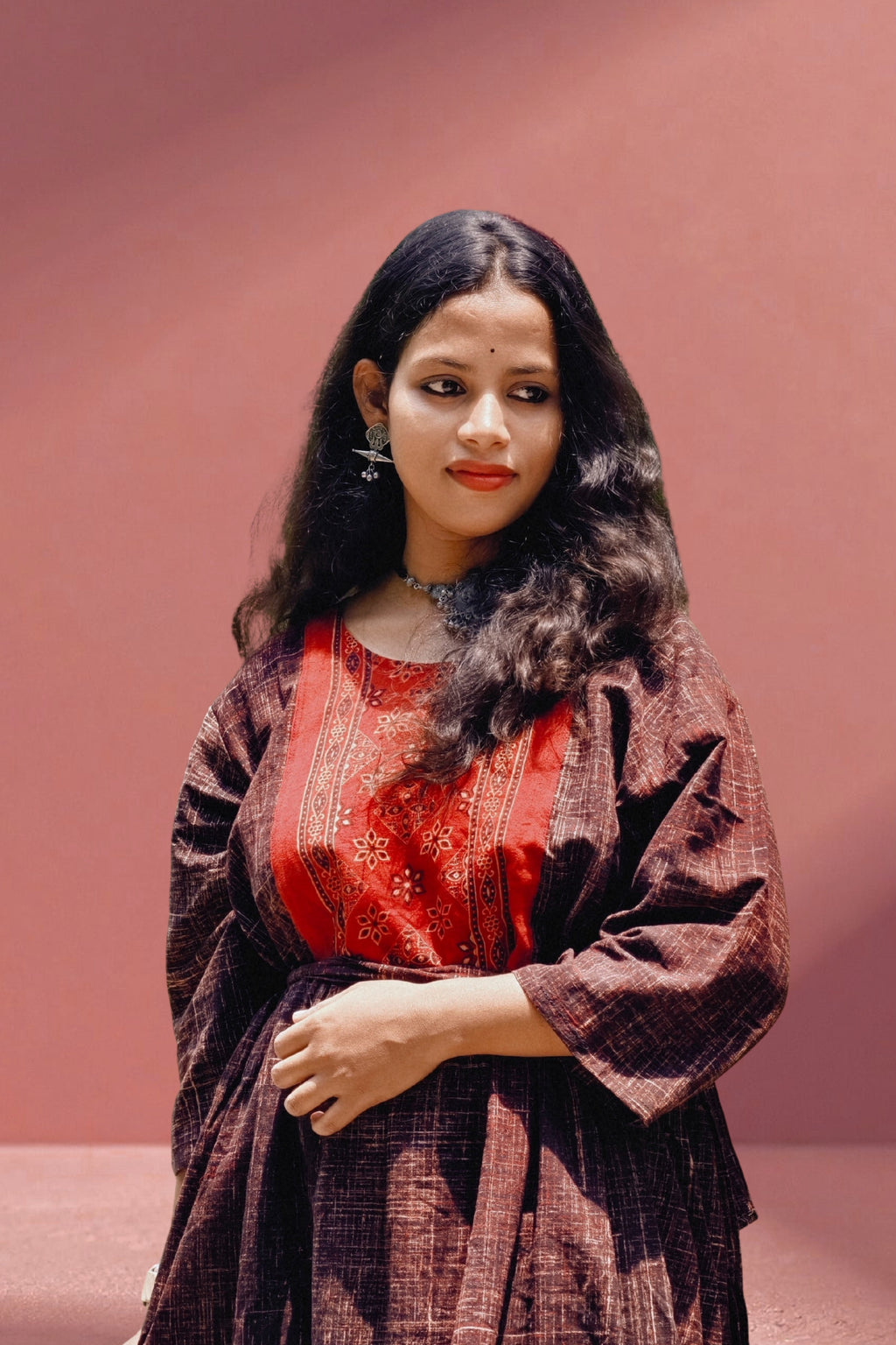 Pure Ajrakh Black & Rust Ankle-Length One-Piece Dress