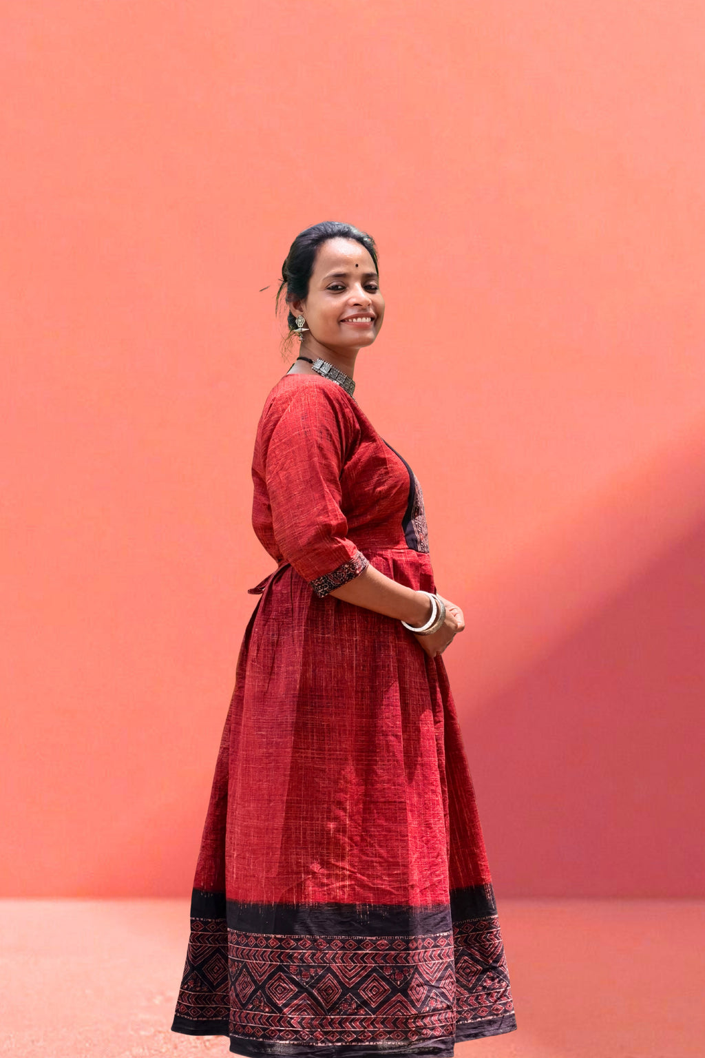 Pure Ajrakh Ankle-Length One-Piece (Black & Red)