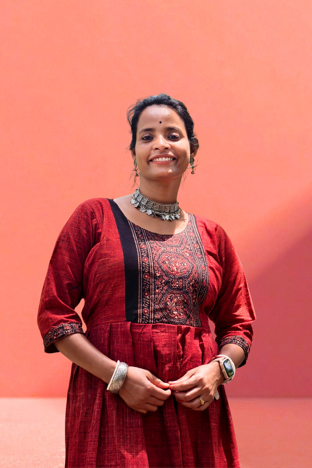 Pure Ajrakh Ankle-Length One-Piece (Black & Red)